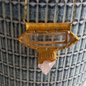 Natural Clear & Rose Quartz with Gold accent Boho Pendant